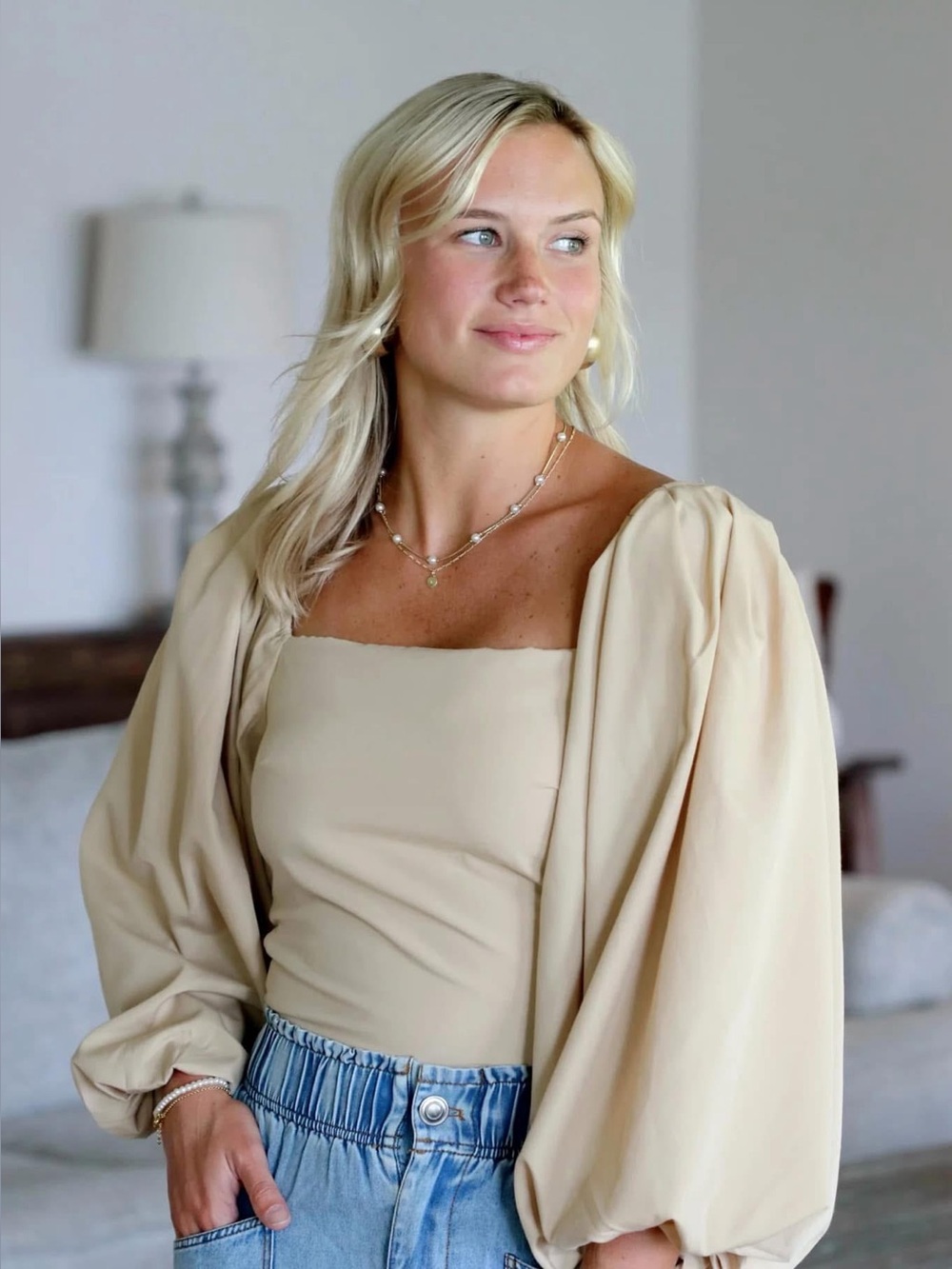 Beige Puff Sleeve Top with Square Neckline